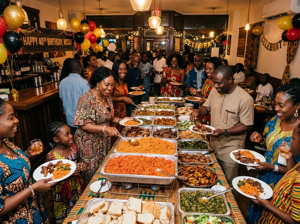 Catering spread and celebration at M&M African Kitchen