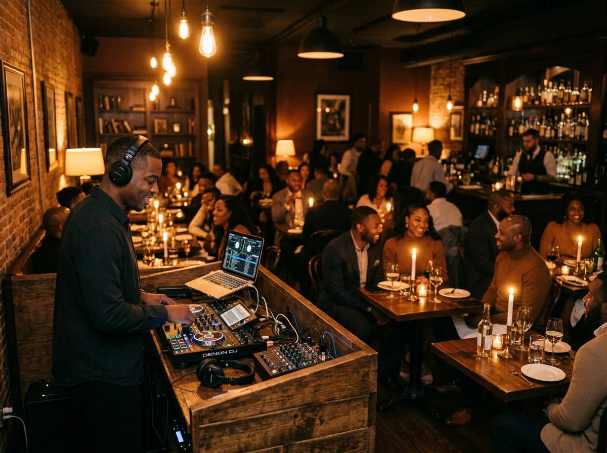 DJ mixing Afrobeats for a packed room at M&M African Kitchen