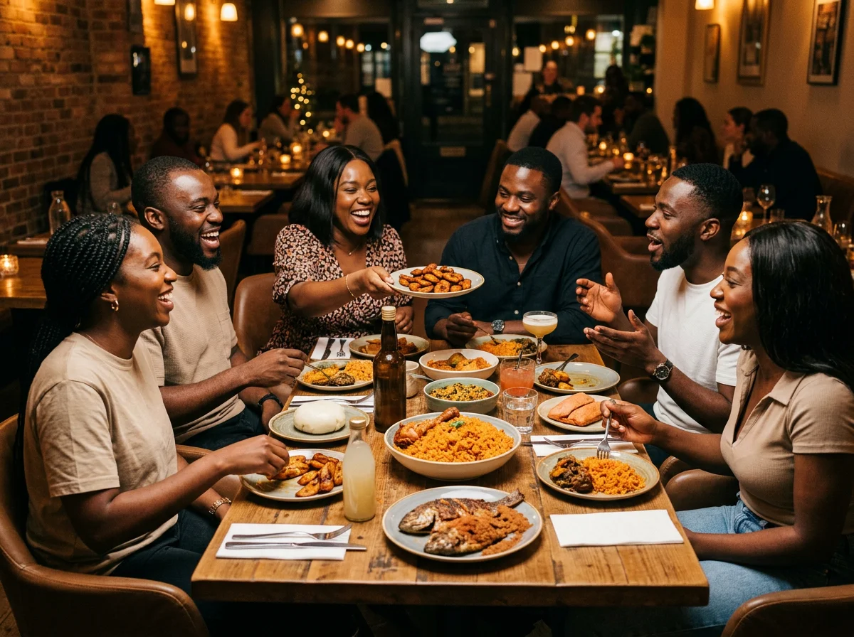 Friends sharing plates at M&M African Kitchen