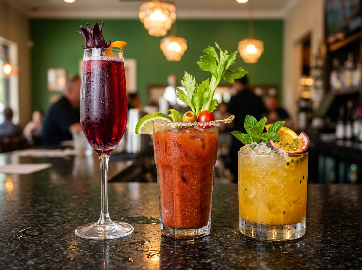 Mimosa, bloody mary, and passionfruit punch lined up on a brunch bar